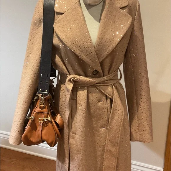 UCHUU Montreal Sparkling Beige Sequin Belted Coat - Picture 6 of 11